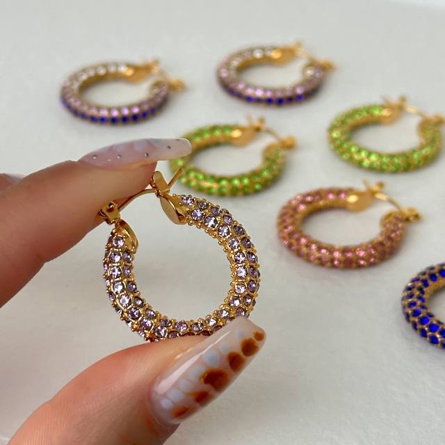 Colorful diamond pave setting stainless steel hoop earrings