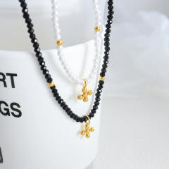 Baroque glass bead tiny stainless steel bead cross pendant necklace