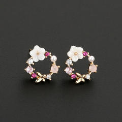 Romantic shell flower circle shape copper studs earrings