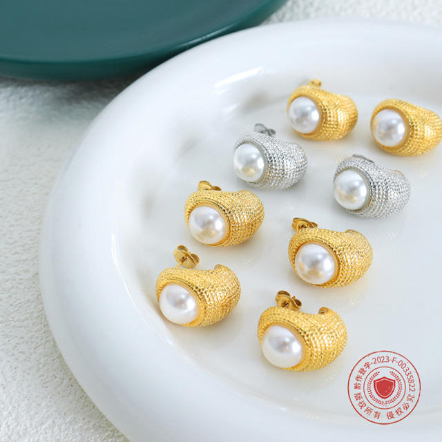 Chunky imitation pearl stainless steel earrings