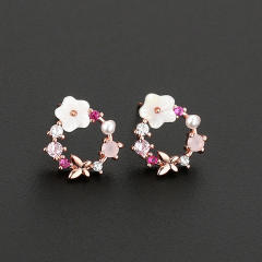 Romantic shell flower circle shape copper studs earrings