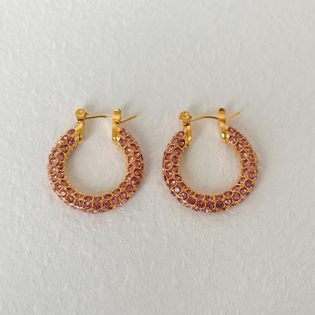 Colorful diamond pave setting stainless steel hoop earrings