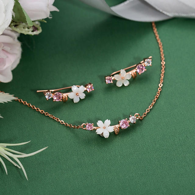 Korean fashion sweet shell flower cubic zircon copper necklace set