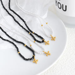 Baroque glass bead tiny stainless steel bead cross pendant necklace