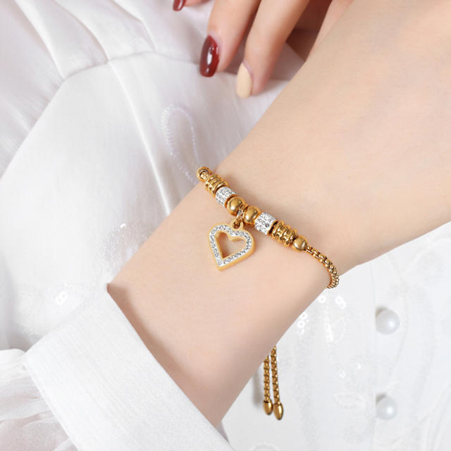 Hiphop diamond heart bead evil eye hasma hand charm stainless steel bracelet