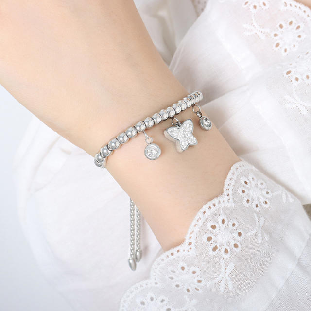 Hiphop diamond heart bead evil eye hasma hand charm stainless steel bracelet