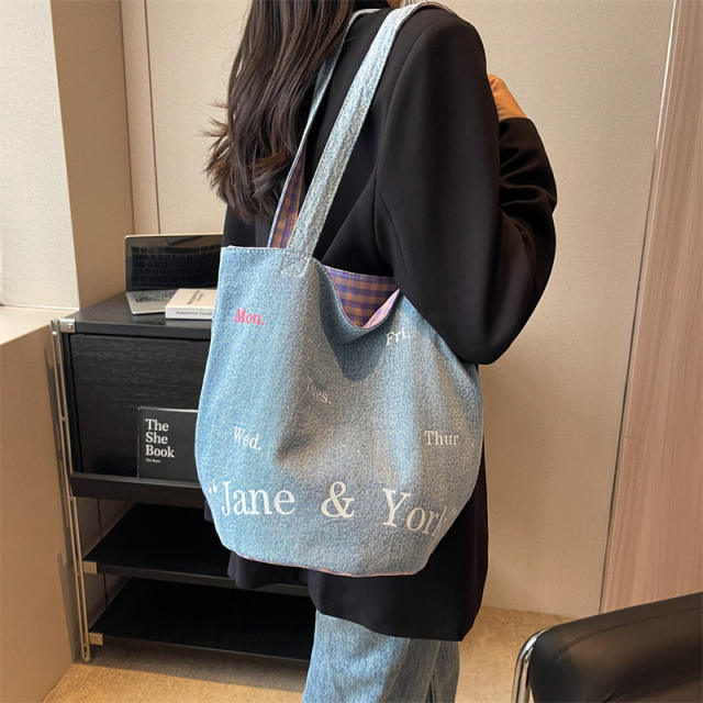 Letter printing denim casual tote bag