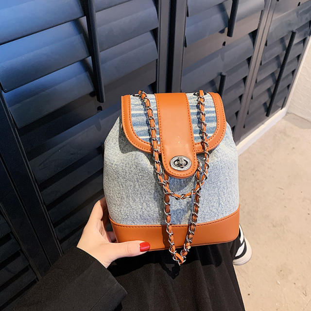 Fashionable color matching denim chain backpack