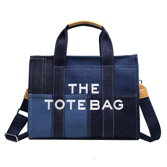 Classic letter denim color matching tote bag