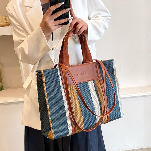 Color matching striped canvas tote bag