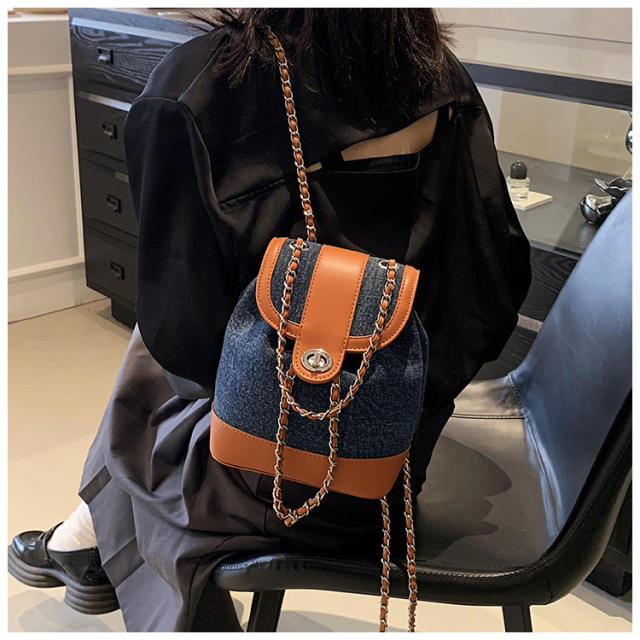 Fashionable color matching denim chain backpack