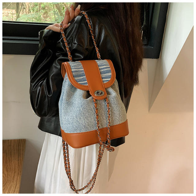 Fashionable color matching denim chain backpack