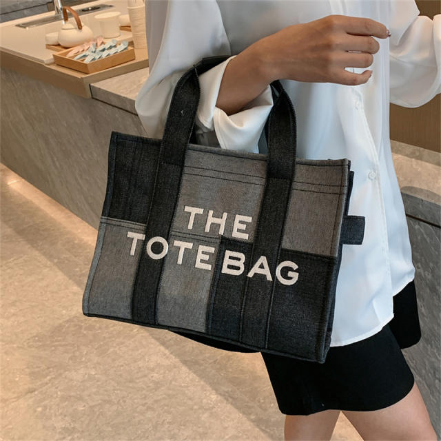 Classic letter denim color matching tote bag