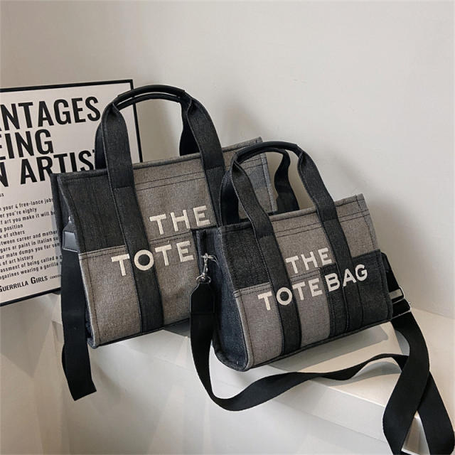 Classic letter denim color matching tote bag