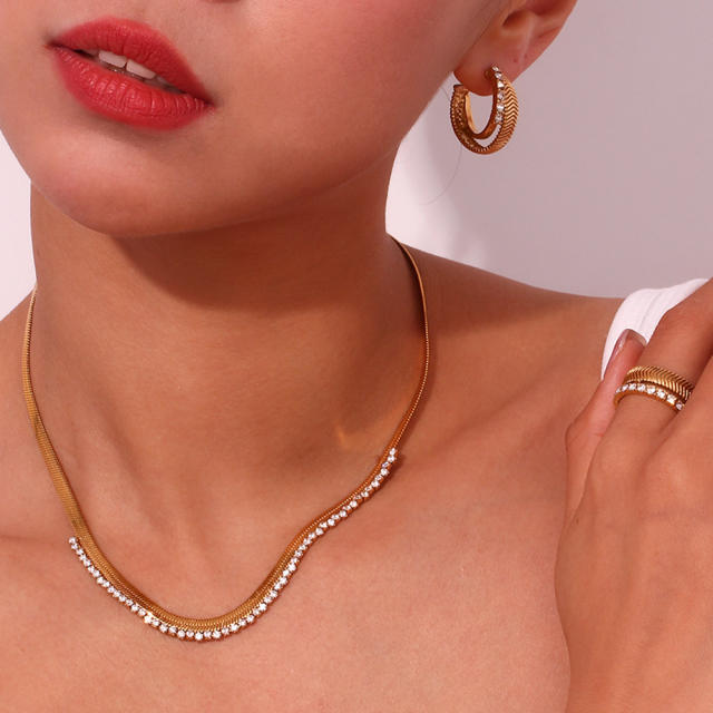 Gold color herringbone chain stainless steel necklace set