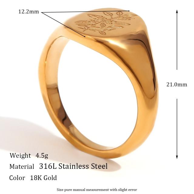 Engraved flower stainless steel signet rings