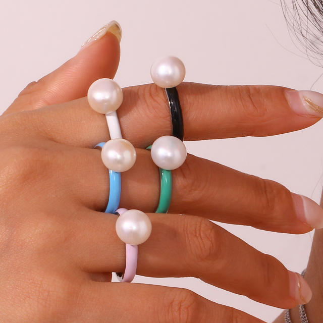 Y2K color enamel stainless steel pearl rings