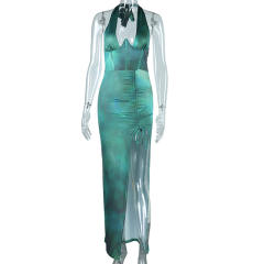 Sexy v neck green color halter neck bodycon dress