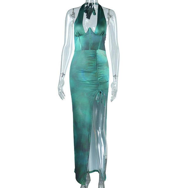 Sexy v neck green color halter neck bodycon dress