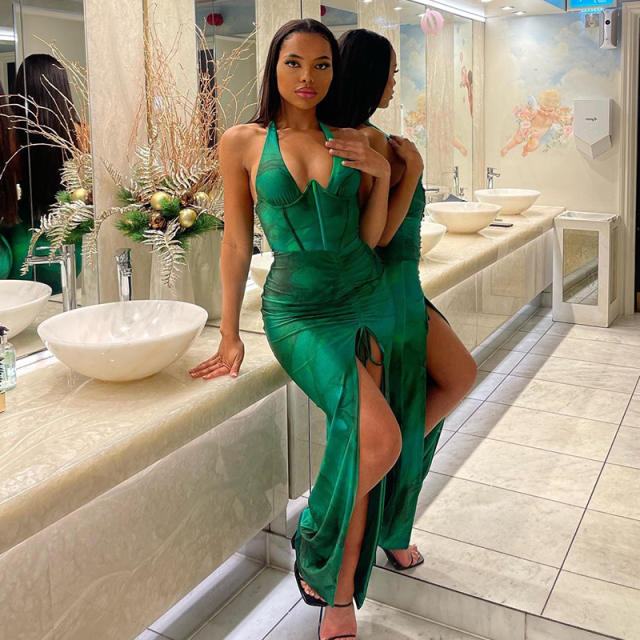 Sexy v neck green color halter neck bodycon dress