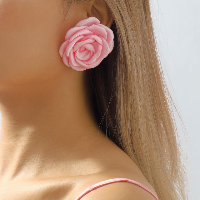 Vintage colorful fabric camellia flower pearl choker earrings set