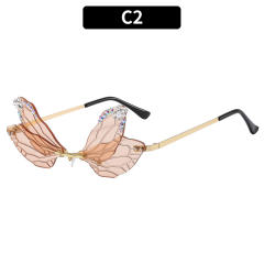 Funny rhinestone dragonfly design rimless sunglasses