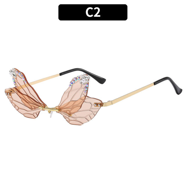 Funny rhinestone dragonfly design rimless sunglasses