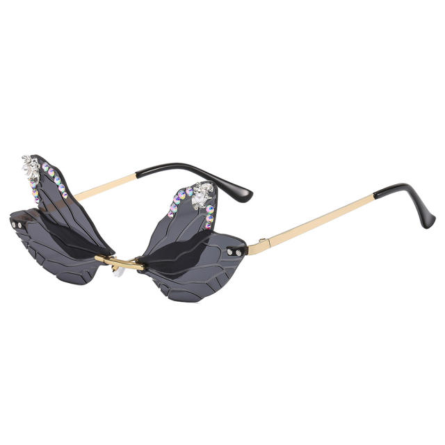 Funny rhinestone dragonfly design rimless sunglasses