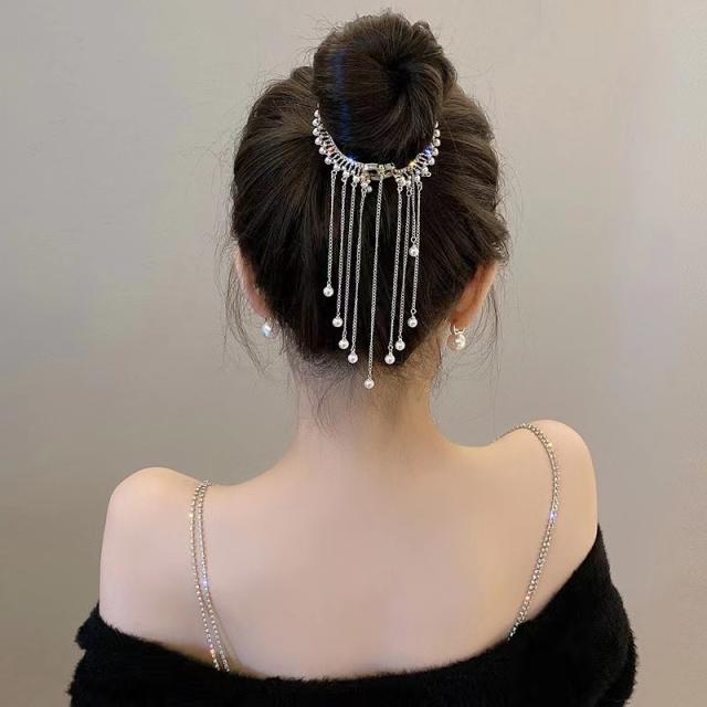 Elegant rhinestone tassel pearl bun holder hair claw clips