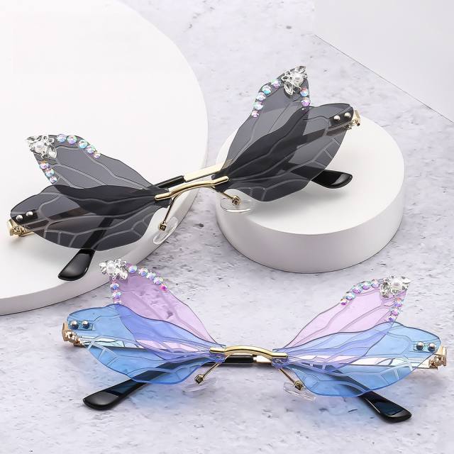 Funny rhinestone dragonfly design rimless sunglasses