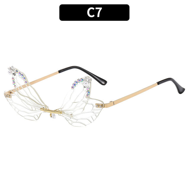 Funny rhinestone dragonfly design rimless sunglasses
