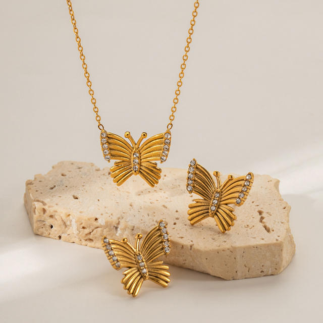 18KG diamond butterfly stainless steel necklace ear studs set
