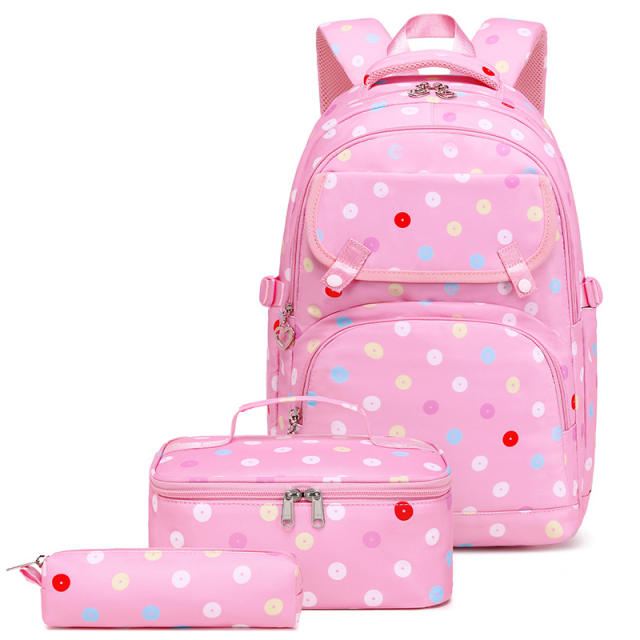 3pcs pink color polka dots school bag lunch bag for girls set