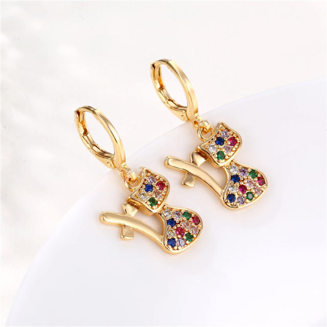 Rainbow cz cute kitty copper huggie earrings