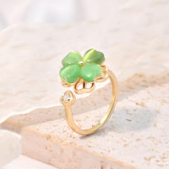 Elegant green color opal stone rotatable clover stainless steel chain necklace set