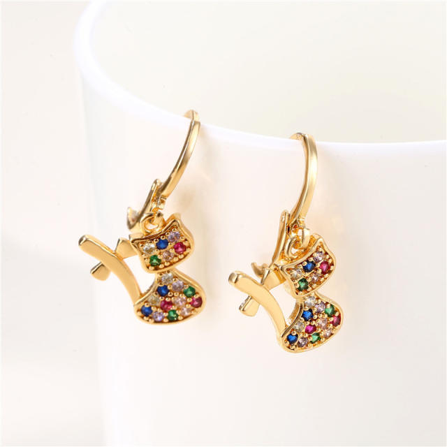 Rainbow cz cute kitty copper huggie earrings