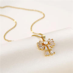 18KG dainty diamond bow pendant stainless steel chain necklace