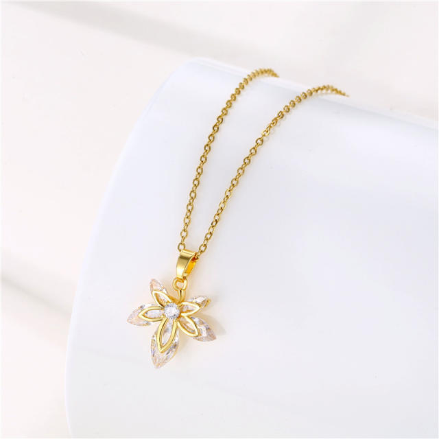 Dainty diamond leaf pendant stainless steel chain necklace