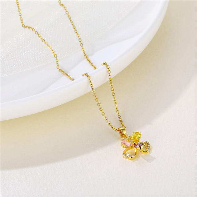 18KG color cubic zircon clover pendant stainless steel chain necklace