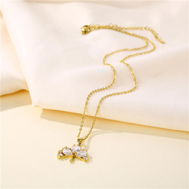 Dainty diamond ginkgo leaf pendant stainless steel chain necklace
