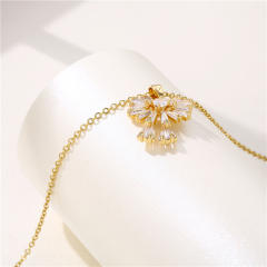 18KG dainty diamond bow pendant stainless steel chain necklace