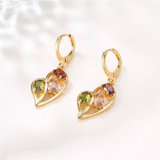 INS color cubic zircon irrgular shape heart copper huggie earrings