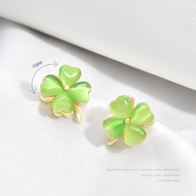 Elegant green color opal stone rotatable clover stainless steel chain necklace set