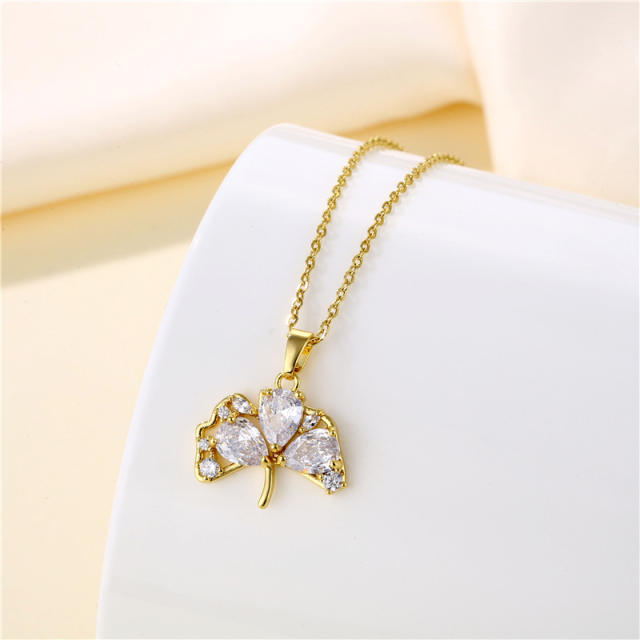 Dainty diamond ginkgo leaf pendant stainless steel chain necklace