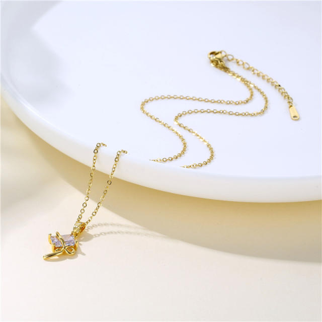 Dainty chic diamond bow pendant stainless steel chain necklace