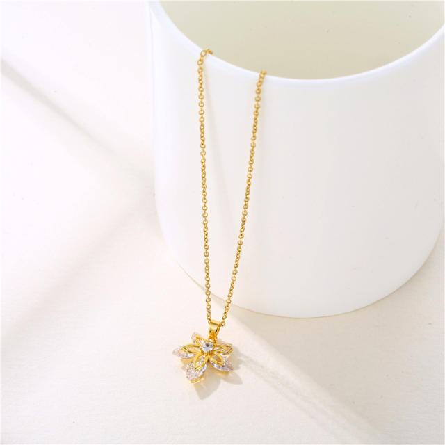 Dainty diamond leaf pendant stainless steel chain necklace
