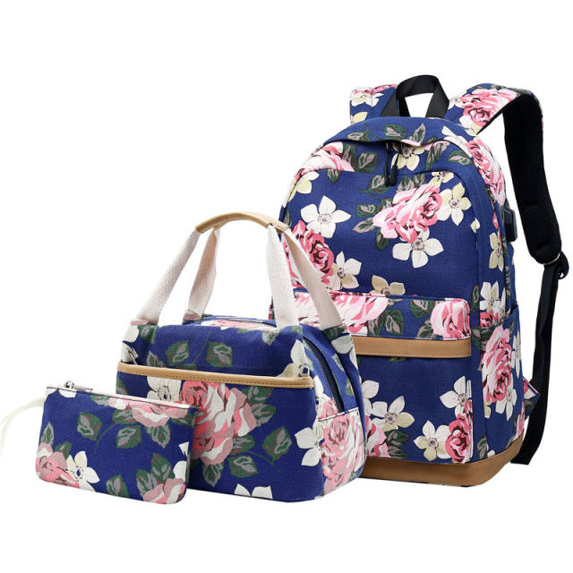 Korean fashion floral canvas backpack school bag 3pcs set