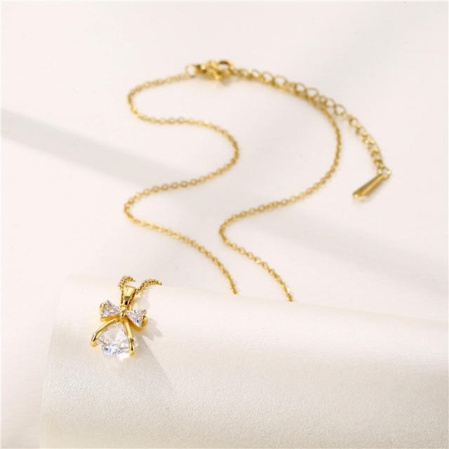 Dainty diamond bow stainless steel chain necklace