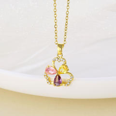 18KG color cubic zircon clover pendant stainless steel chain necklace