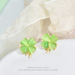 Elegant green color opal stone rotatable clover stainless steel chain necklace set